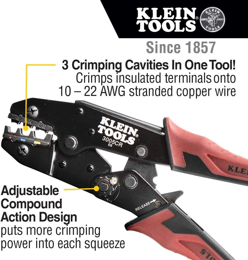 Klein Tools 3005CR Wire Crimper Tool, Ratcheting Insulated Terminal Crimper for 10 to 22 AWG Wire