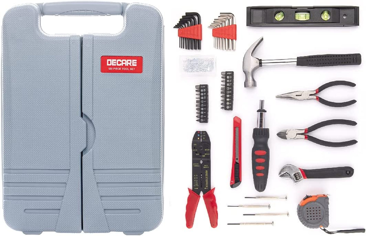 Decare 130-Piece Kitchen Drawer Home Tool Kit, Home Repair Tool Set with Portable Toolbox Storage Case